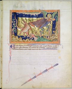 Ms LA 139-Lisboa fol.32地球が赤いドラゴンが吐き出した水をグルベンキアンの黙示録から飲み込んだとき、逃げる女c.1265-70 作： English School